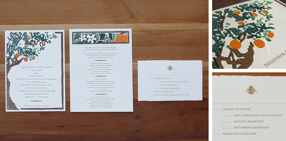 5-color wedding invitation. 5-color info card. 1-color RSVP card. 2003