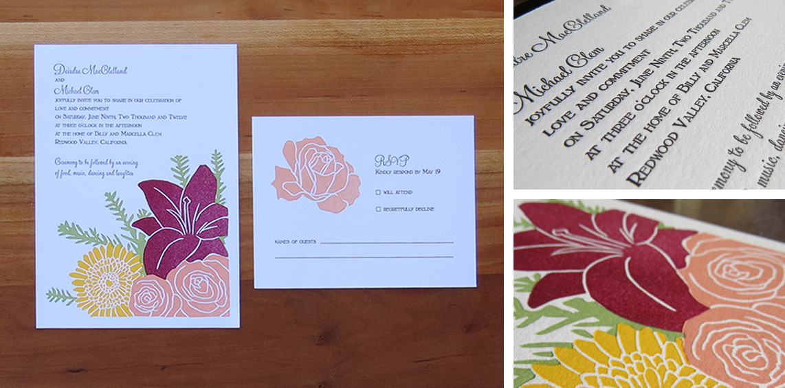 5-color wedding invitation. 2-color RSVP card. 2012 This couple chose to have flowers from their wedding on their invitation. They paired bright summer flowers with dark lilies from a local grower and redwood sprigs.