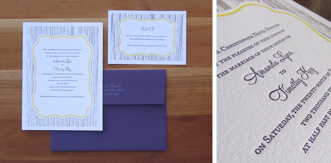 3-color wedding invitation. 3-color RSVP card. 1-color outer envelope. 2012 The theme of this wedding was simple rustic elegance. Grey wood grain, yellow frame and dark purple text to match the envelopes.