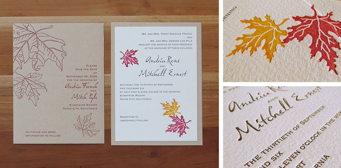 1-color save the date. 3-color wedding invitation. 2006 A simple invitation for a fall wedding.