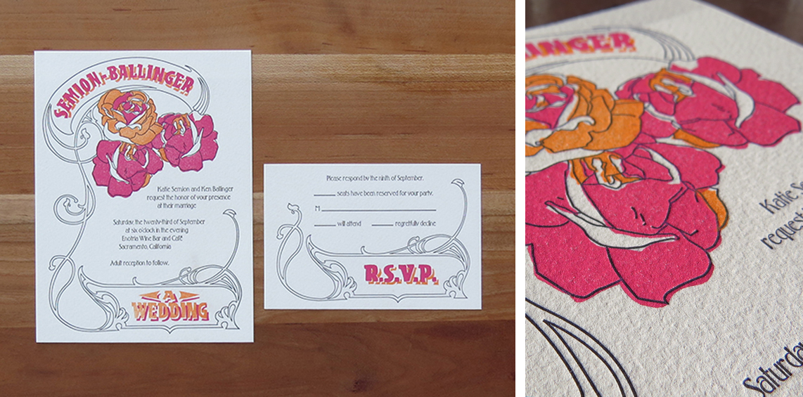 3-color wedding invitation, RSVP card. 2006 This couple was married at a French café, and they wanted to see that vibe in their invitations. I drew inspiration from the Paris Metro signs as well as other Art Nouveau sources. The colors were reflected in the bridesmaids' dresses and bouquets.
