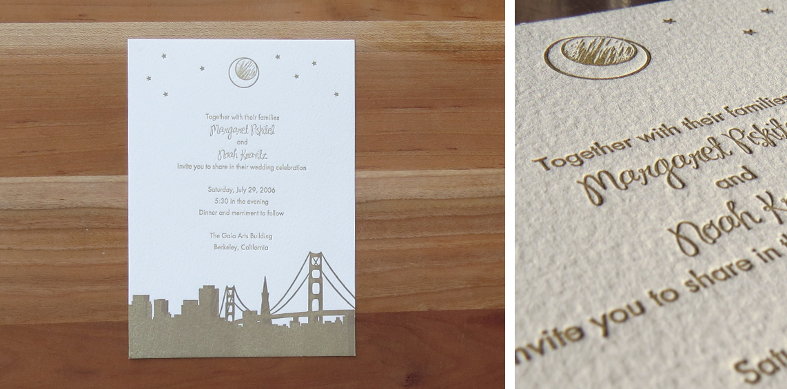 1-color wedding invitation. 2006 This couple was married in San Francisco. The moon image was based on a pendant that the groom gave to the bride. The invitation was printed with metallic gold ink, which has just a hint of sparkle to it when turned different directions in the light.