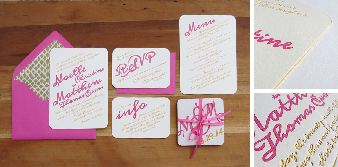 2-color invitation, RSVP card, info card, menu and favor coasters, all with rounded corners and gold painted edges. Lined envelopes. 2014 This wedding wasn't even real! The whole thing was a staged photo shoot that I was invited to be a part of. Photos from the day should be on my blog soon!