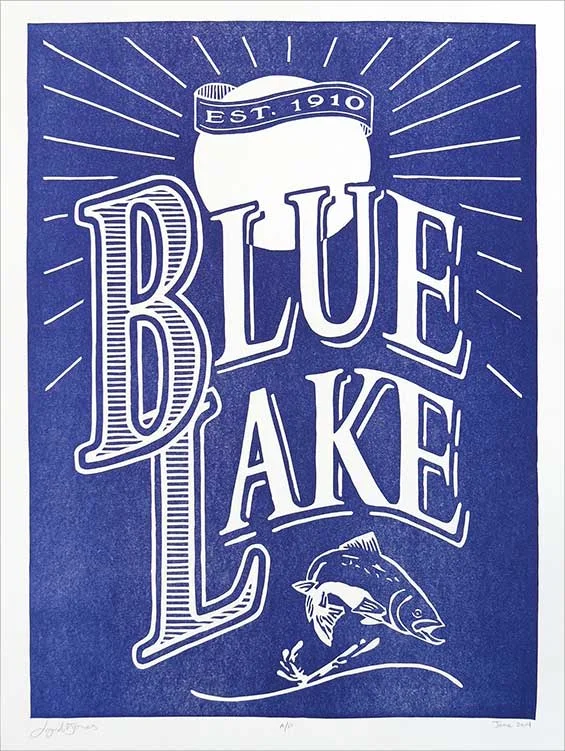 1-color limited edition linoleum block print. 18" x 24" 2014 This print was created to coordinate with the new banners I designed for the city of Blue Lake, CA. The banners will hang on poles throughout town and were funded through Dell' Arte International and their Artplace grant. 50 of these prints are available for sale. 50% of each sale will return to Dell' Arte to fund more banners and city beautification. First edition prints are available here.