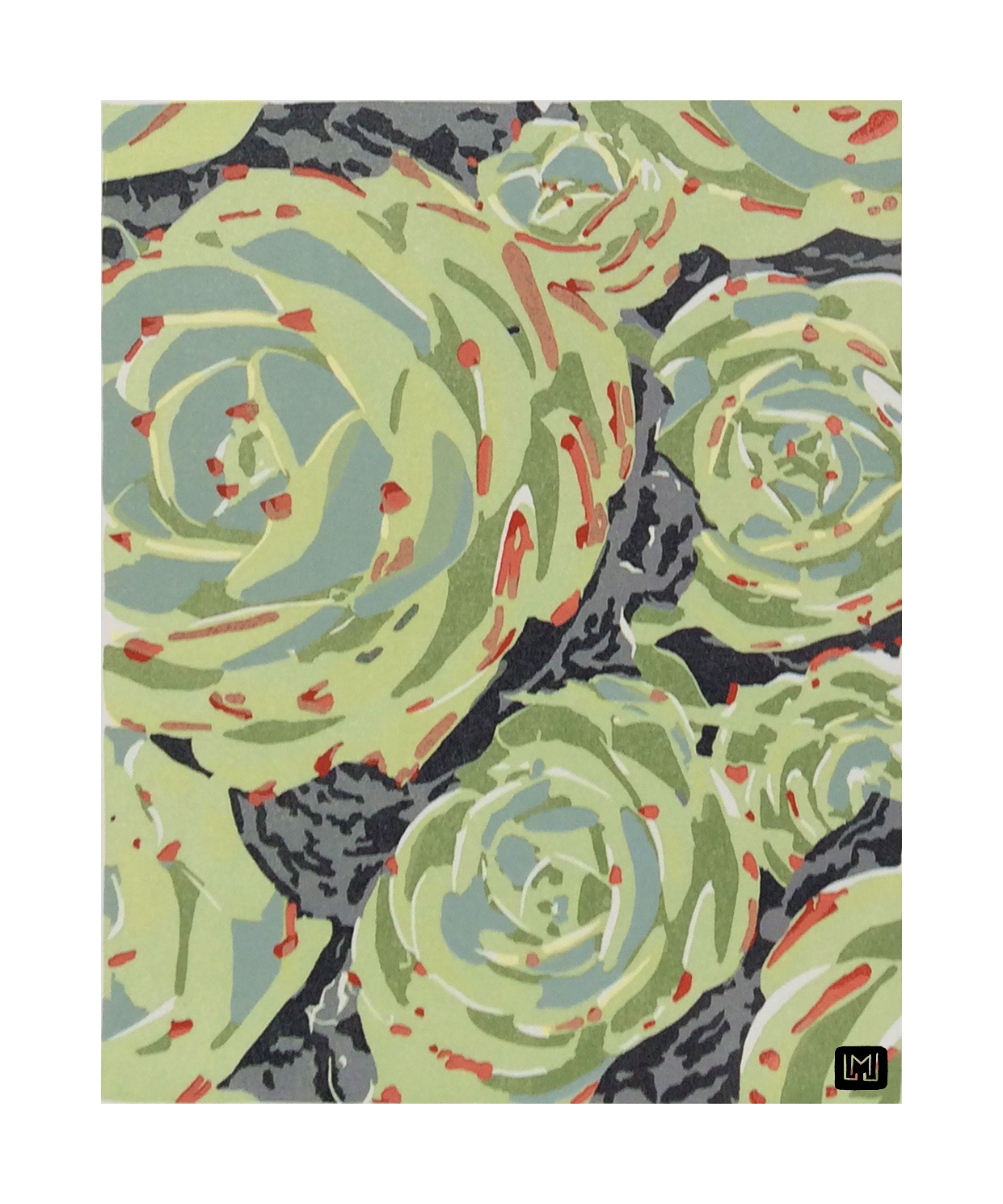 Succulent 2. ©2015 Just My Type Letterpress. 10"x12". 8-color reduction linocut, 2 blocks. Unframed only, $120. (LMJ chop does not appear on actual prints.)