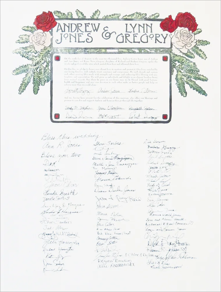 Marriage certificate. Hand-colored linoleum block print with photopolymer text. 18"x24"