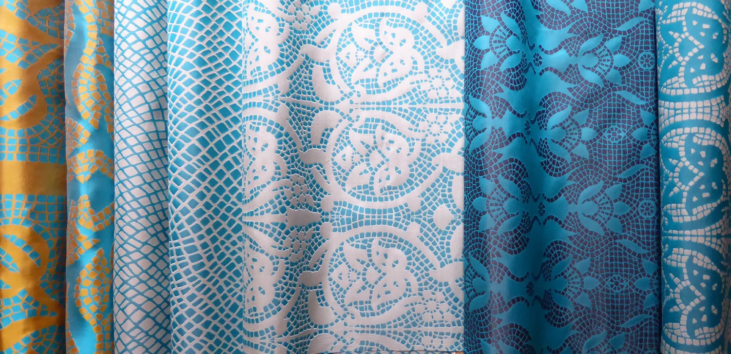 British Woven Silks - Woven in the UK these unusual 100% silk fabrics are available in a range of colours to order - please ask. Other co-ordinating designs, both large and small are available