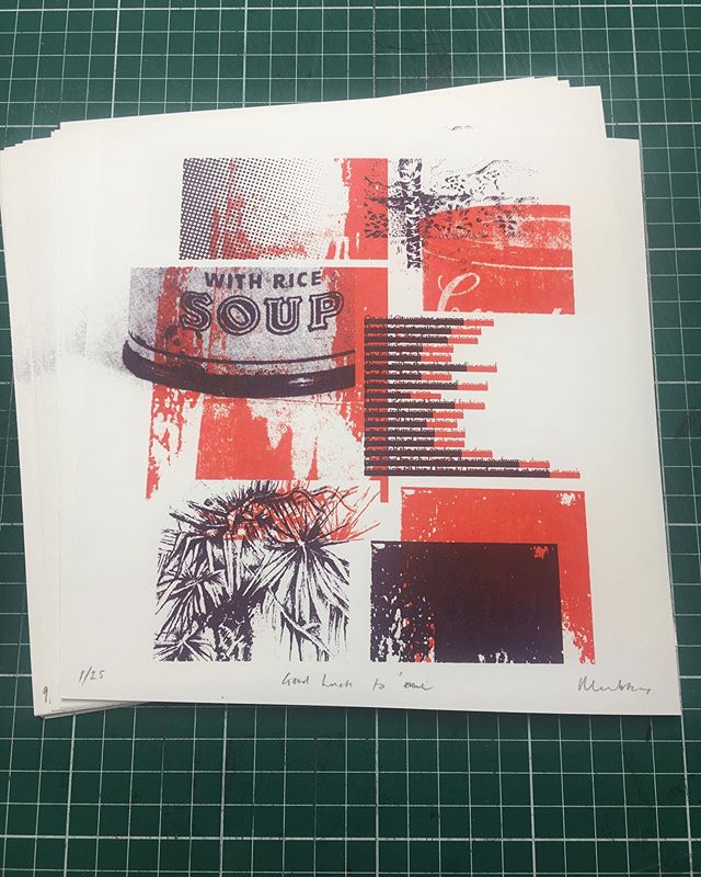 Tonight’s hard graft. Second print edition for the 2020 Hotbed Press Exchange. (This is a two colour screen print experimenting with a drawing of mine, Monoprint textures and a found image of a Warhol’s soup can that I added a halftone to). I’ve got some spare so message me if you want one. 🍷 Happy Wednesday. Good luck to me! #goodlucktome #2020printexchange #screenprinting #artist