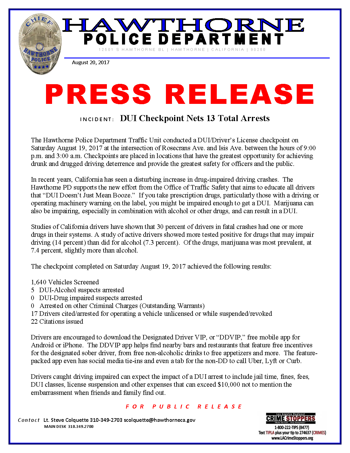 DUI Checkpoint Results — Hawthorne police