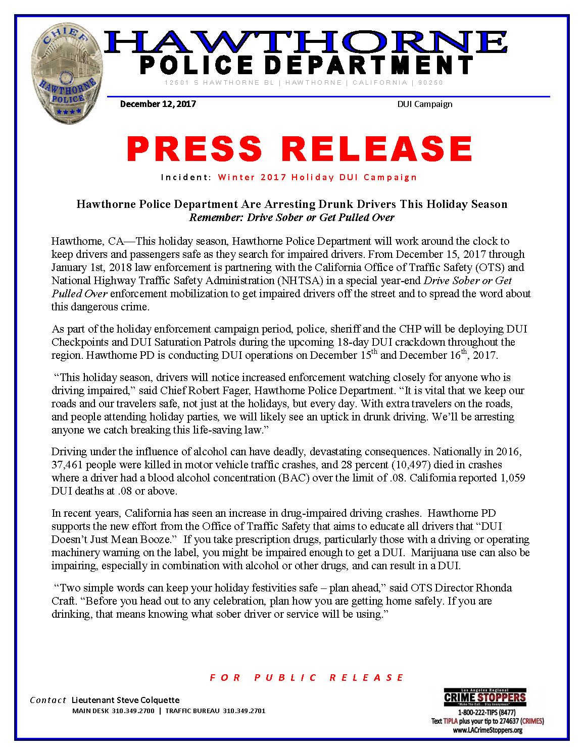 Winter Holiday Dui Campaign Hawthorne Police