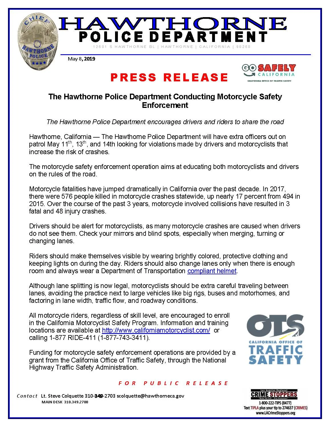 The Hawthorne Police Department Conducting Motorcycle Safety