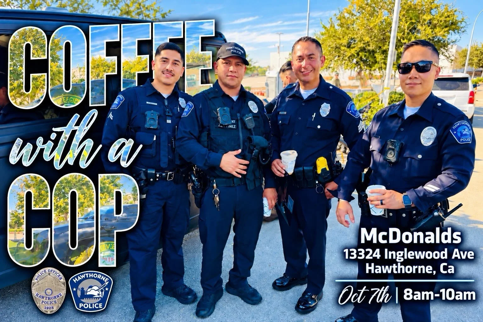 Coffee with a Cop was launched in Hawthorne, Ca in 2011 by Hawthorne Police Officers- Building relationships. One cup at a time. ☕️ ..Come hang out with us for National Coffee with a Cop day! #coffeewithacop #community #police #culture