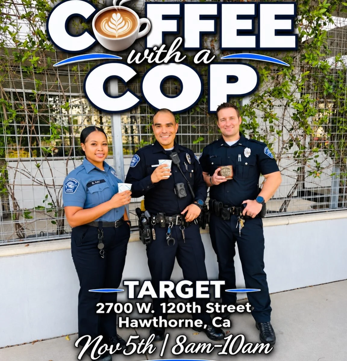 Our next Coffee with a Cop is just around the corner! Nov. 5th (8am-10am) at 2700 W. 120th Street in our City of Good Neighbors. We&rsquo;ll see you there!! 🤝☕️ #coffeewithacop #coffee #police #community #culture