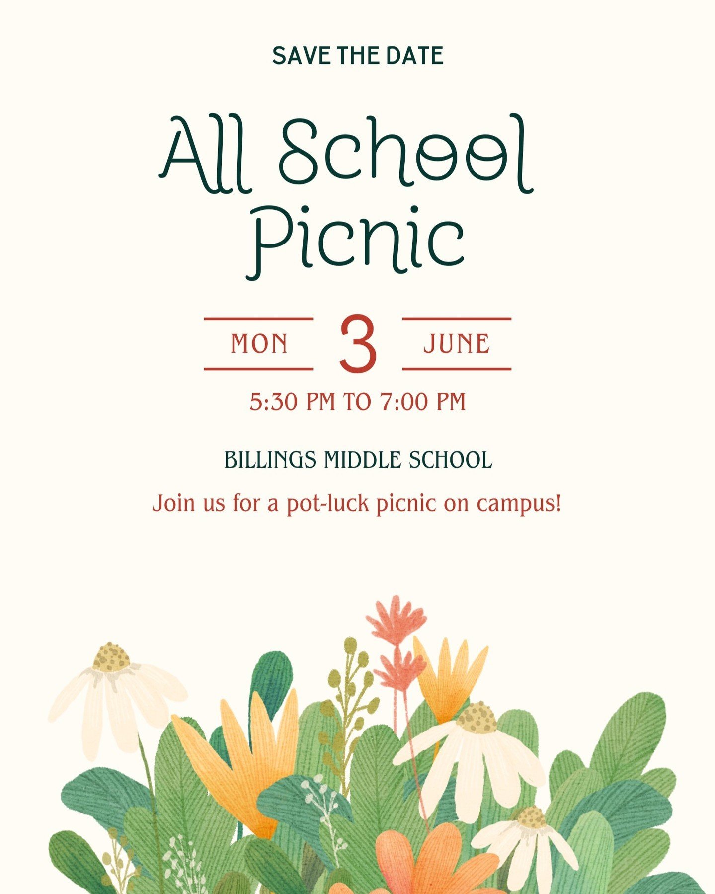 We hope to see all current and incoming families Monday, June 3rd, for our on-campus All School Picnic!  Stay tuned for more info on the potluck portion. #BillingsMiddleSchool