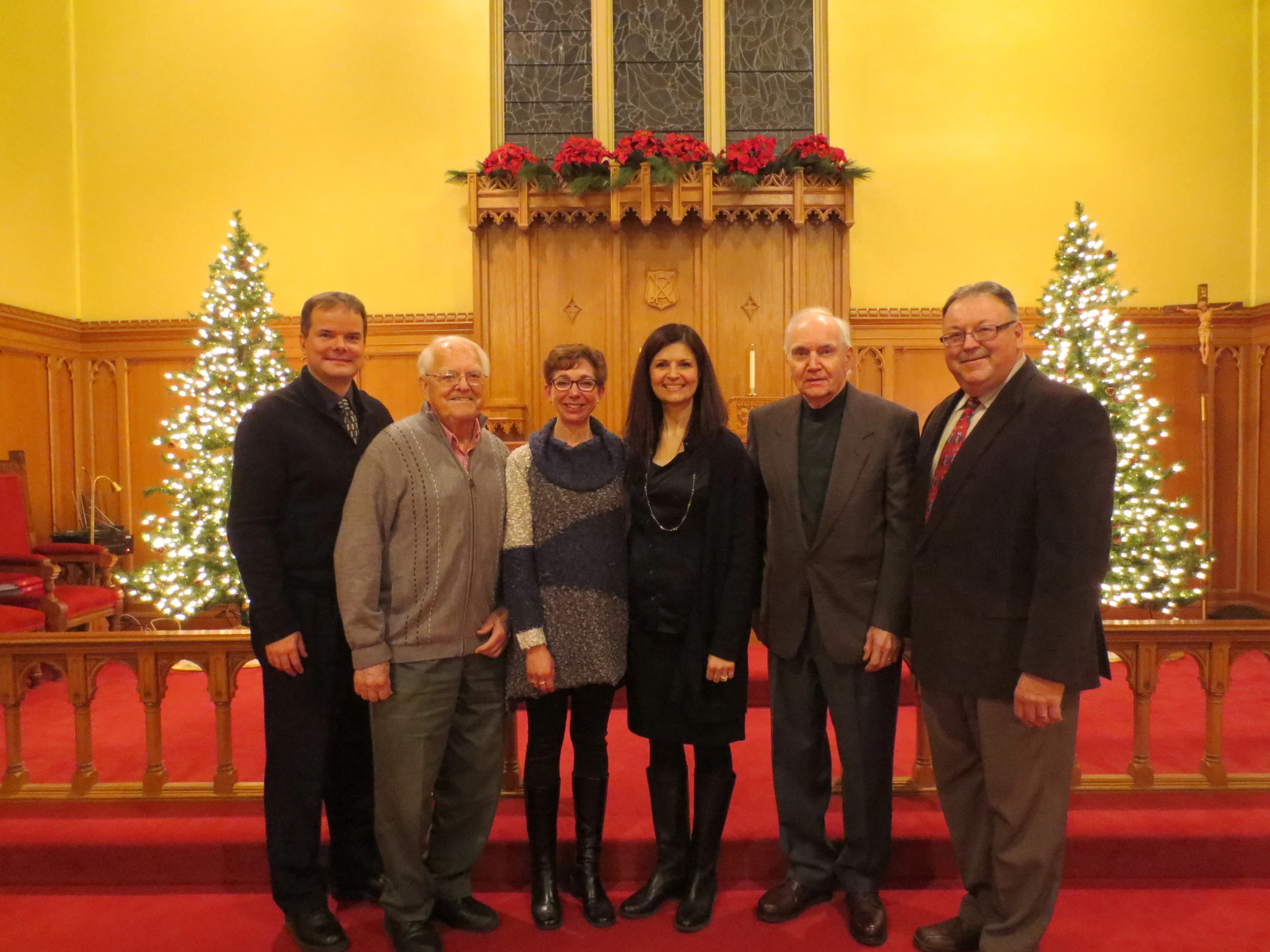 Our amazing readers for the dramatic reading of Charles Dickens' 'A Christmas Carol'. From left to right, Rev. David Malina, Bill Inkol, Kimberly Strassburger, Eugenia Schatz, Gary McLaren, and standing in for Mayor Doug Craig, Karl Kiefer, Regional Councillor for Cambridge. December 2014.
