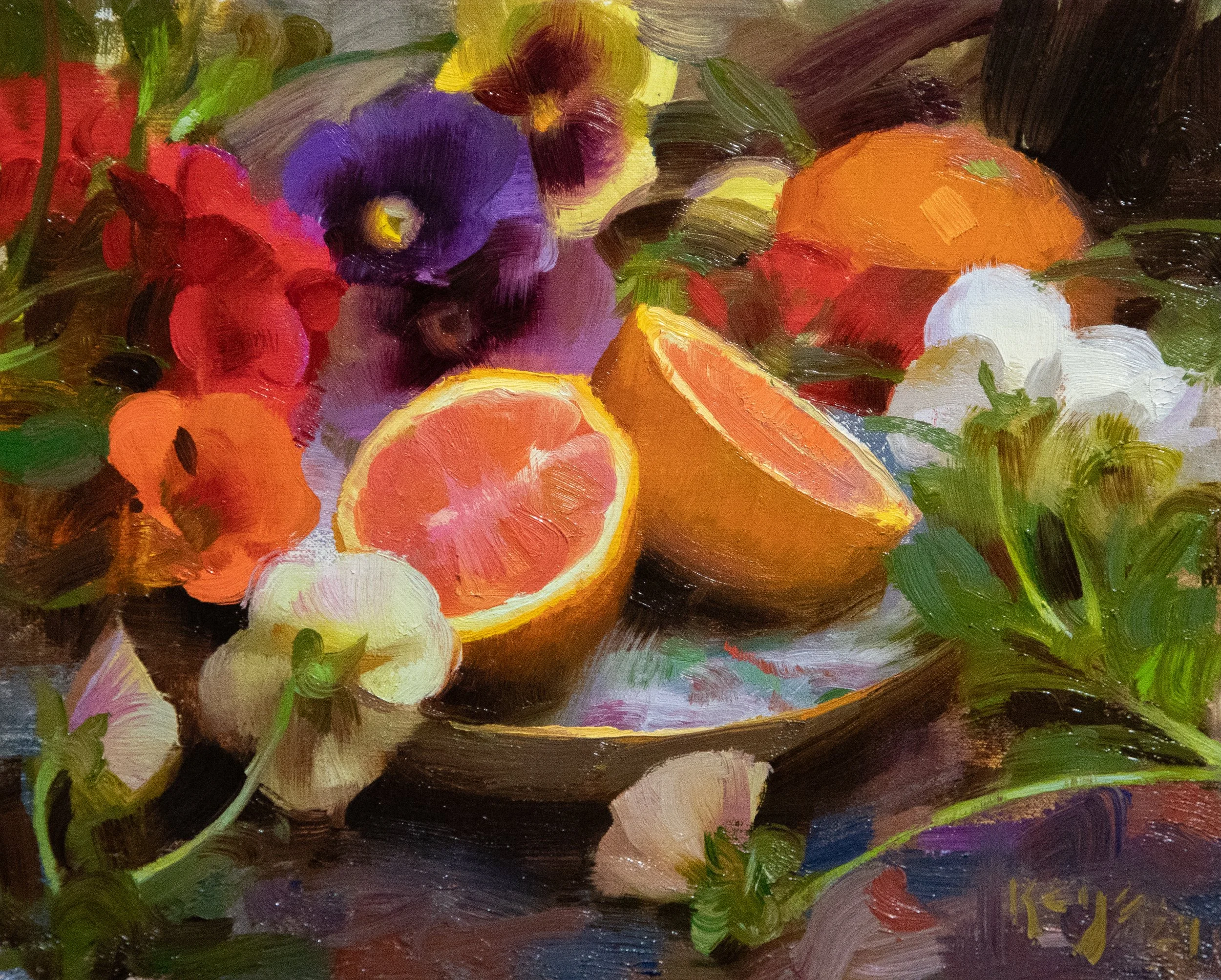 Still Life with Flowers & Fruit, in Oil