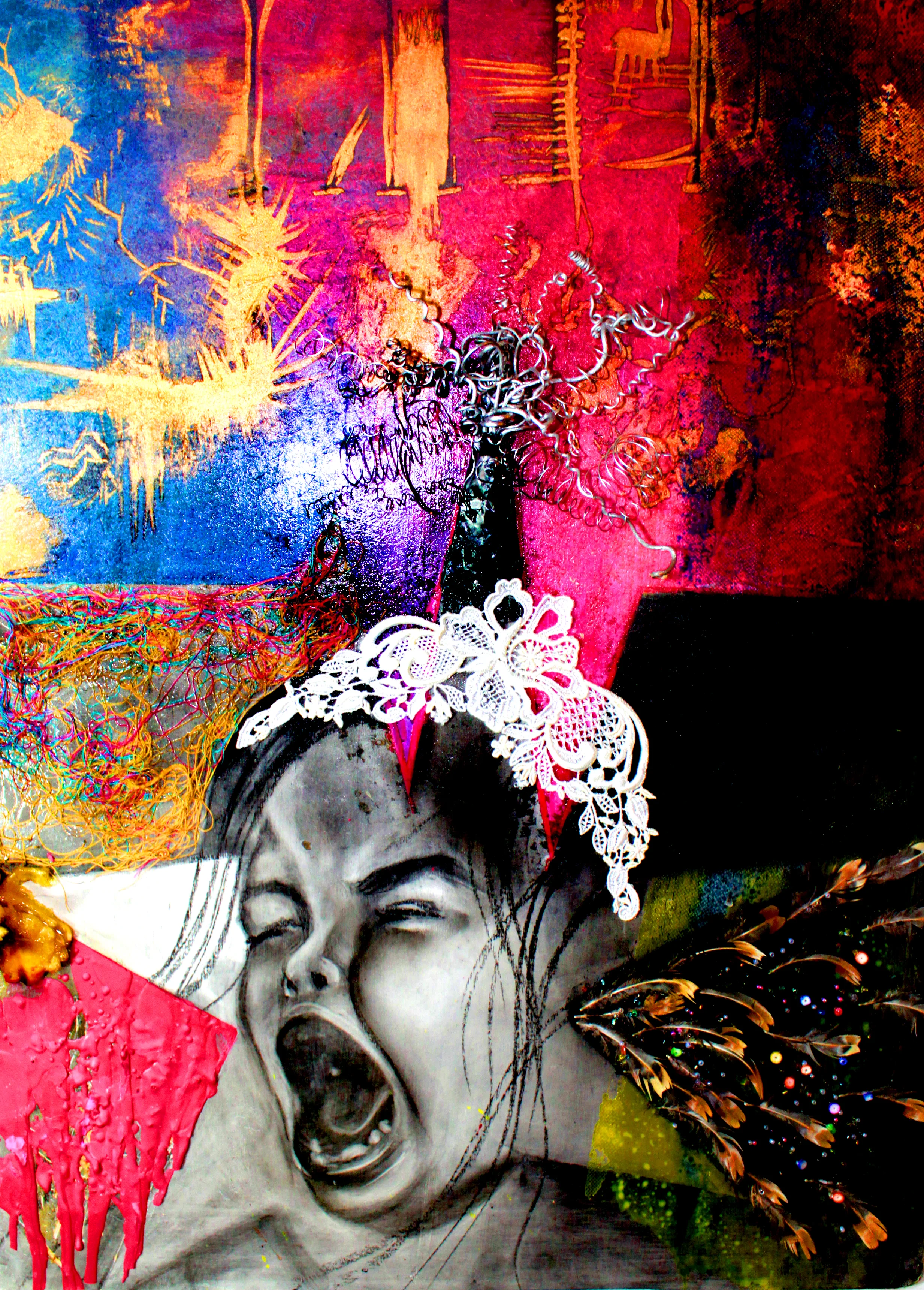   Media: Mixed Media (ink, wire, feathers, fabric, wax, string, acrylic, and charchol ) on chipboard Dimension: 18 x 24 in  