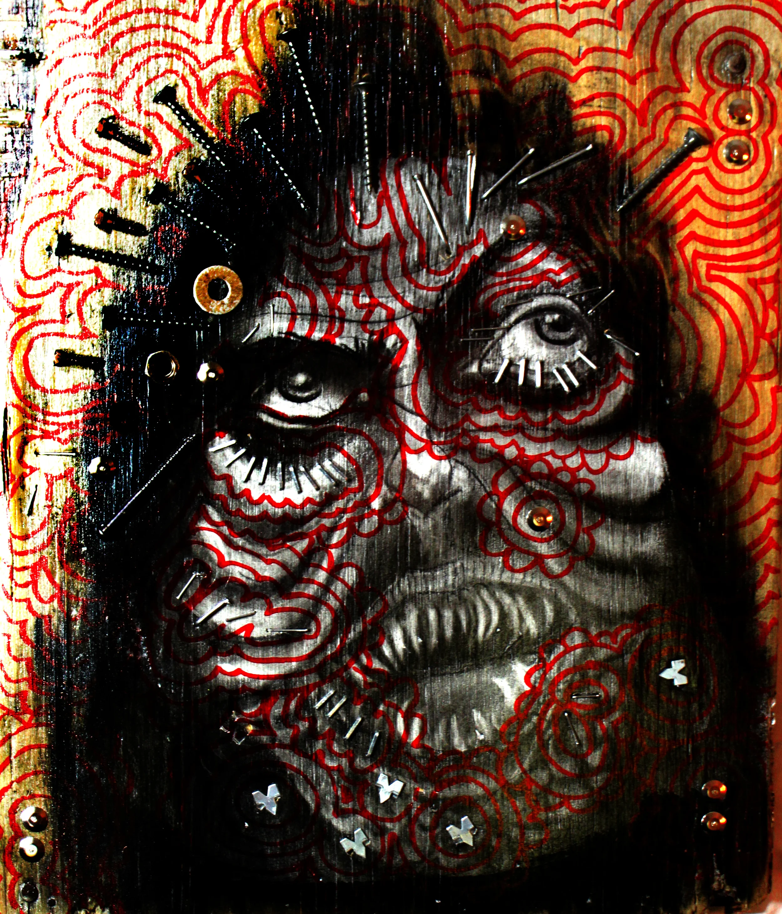   Media: Mixed Media (nails, screws, and waiters) charcoal, ink, and glaze on wood  Dimension: 18 x 24 in  