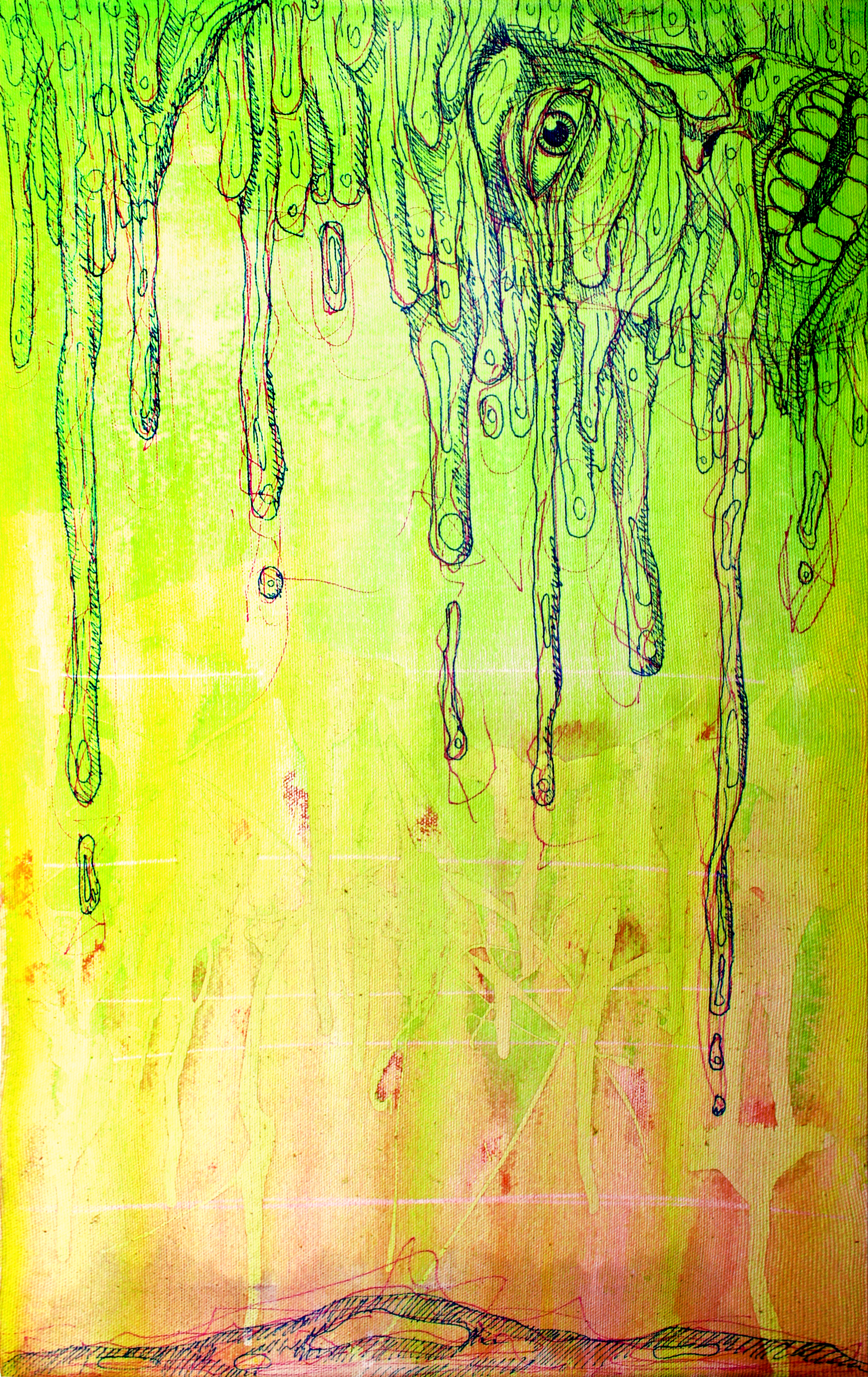   Media: ink and oil paint on canvas Dimension: 18 x 12 in  