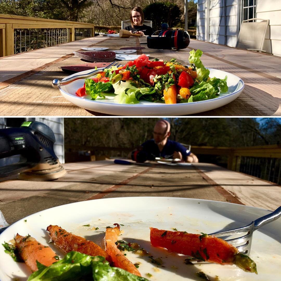Beginning of lunch from @fowlerfilms perspective and end of lunch from my perspective. I&rsquo;m not sure if winter is over, but we enjoyed lunch on our deck! It was a welcomed break from sanding the table we&rsquo;ve been making. I love the look of 
