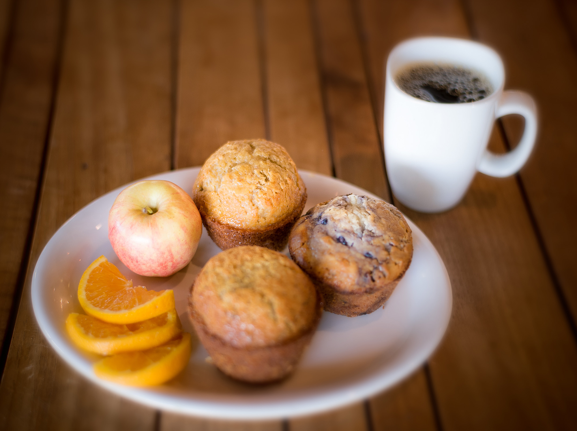 Blueberry muffin, lemon poppy seed muffin and walnut harvest muffin