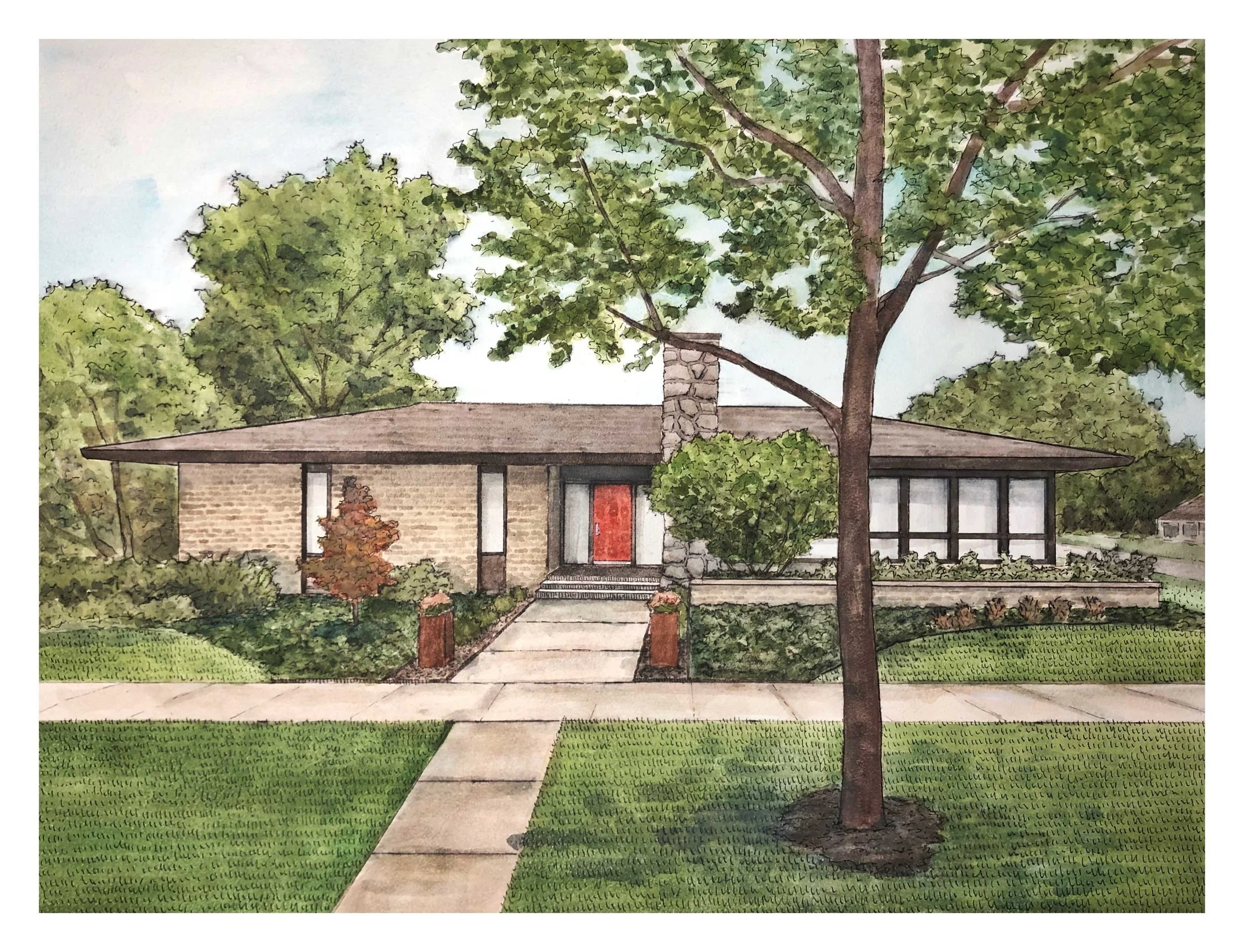 watercolor and pen drawing - Western Springs, IL