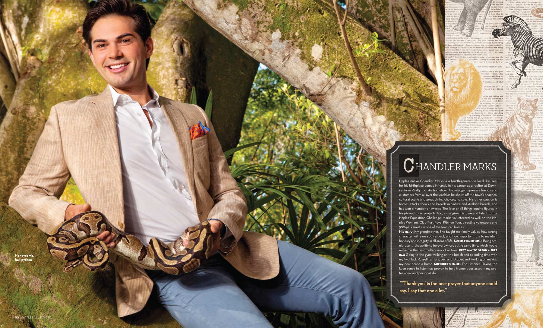 Chandler Marks of Downing Frye Realty of Naples with Honeycomb Ball Python at the Naples Zoo Copyright Vanessa Rogers Photography 2014
