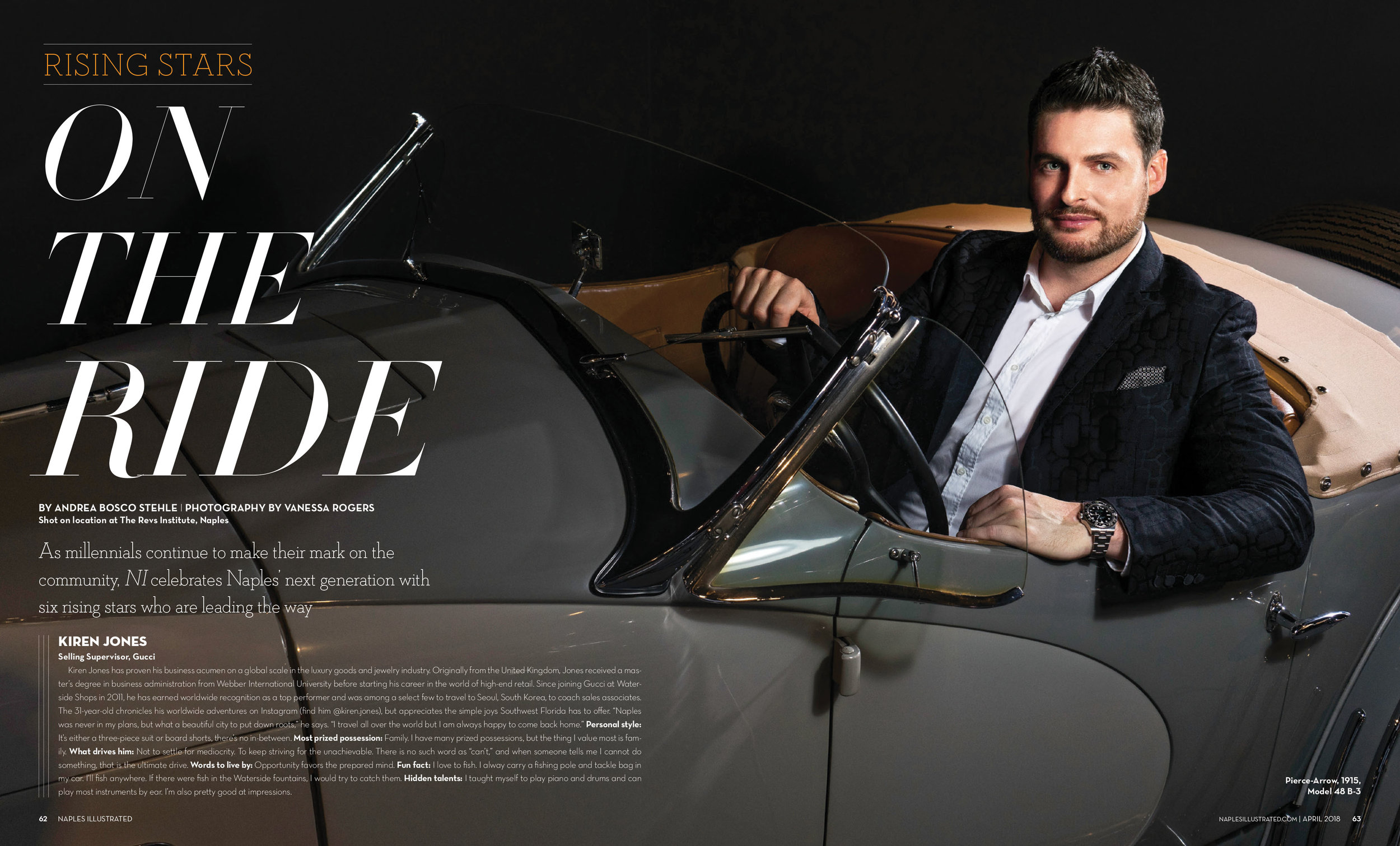 Kiren Jones from Gucci in a Pierce-Arrow 1915 Model 48 B-3 shot at The Rev's Institute in Naples, Florida March 2018 Issue of Naples Illustrated Magazine