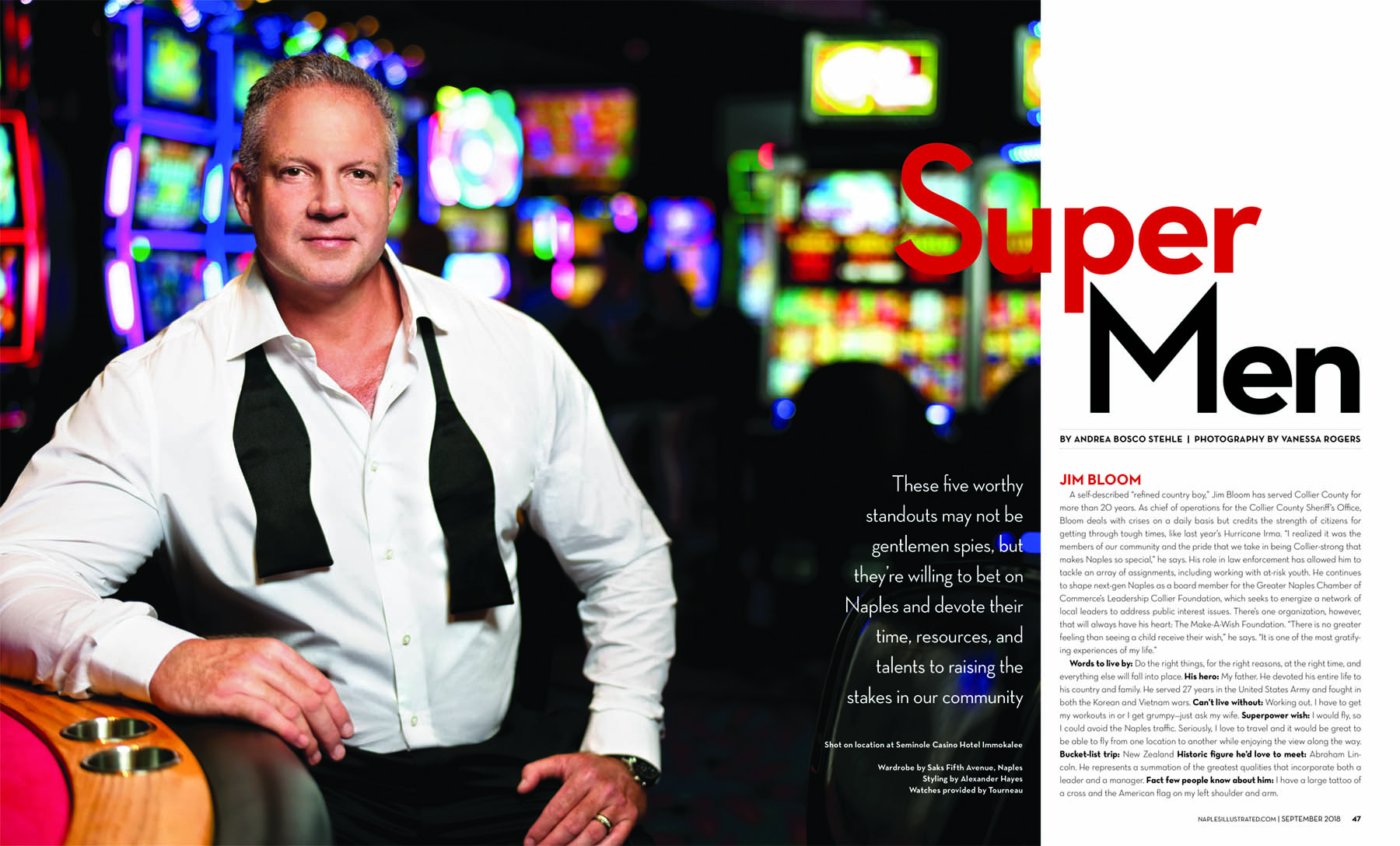 Jim Bloom, Chief of Operations for the Collier County Sherrifs Office. Wardrobe by Sakes Fifth Avenue, Naples. Styling by Alexander Hayes. Watches provided by Tourneau. Shot on location at the Seminole Immokalee Casino and Resort. copyright Vanessa Rogers Photography 2018