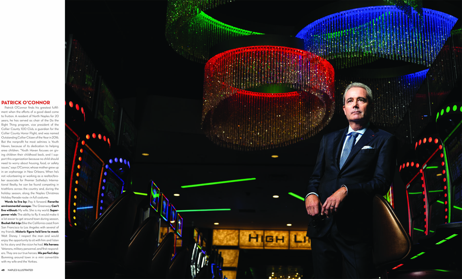 Patrick O’Connor, Chair of "Do the Right Thing” program. Wardrobe by Sakes Fifth Avenue, Naples. Styling by Alexander Hayes. Watches provided by Tourneau. Shot on location at the Seminole Immokalee Casino and Resort. copyright Vanessa Rogers Photography 2018