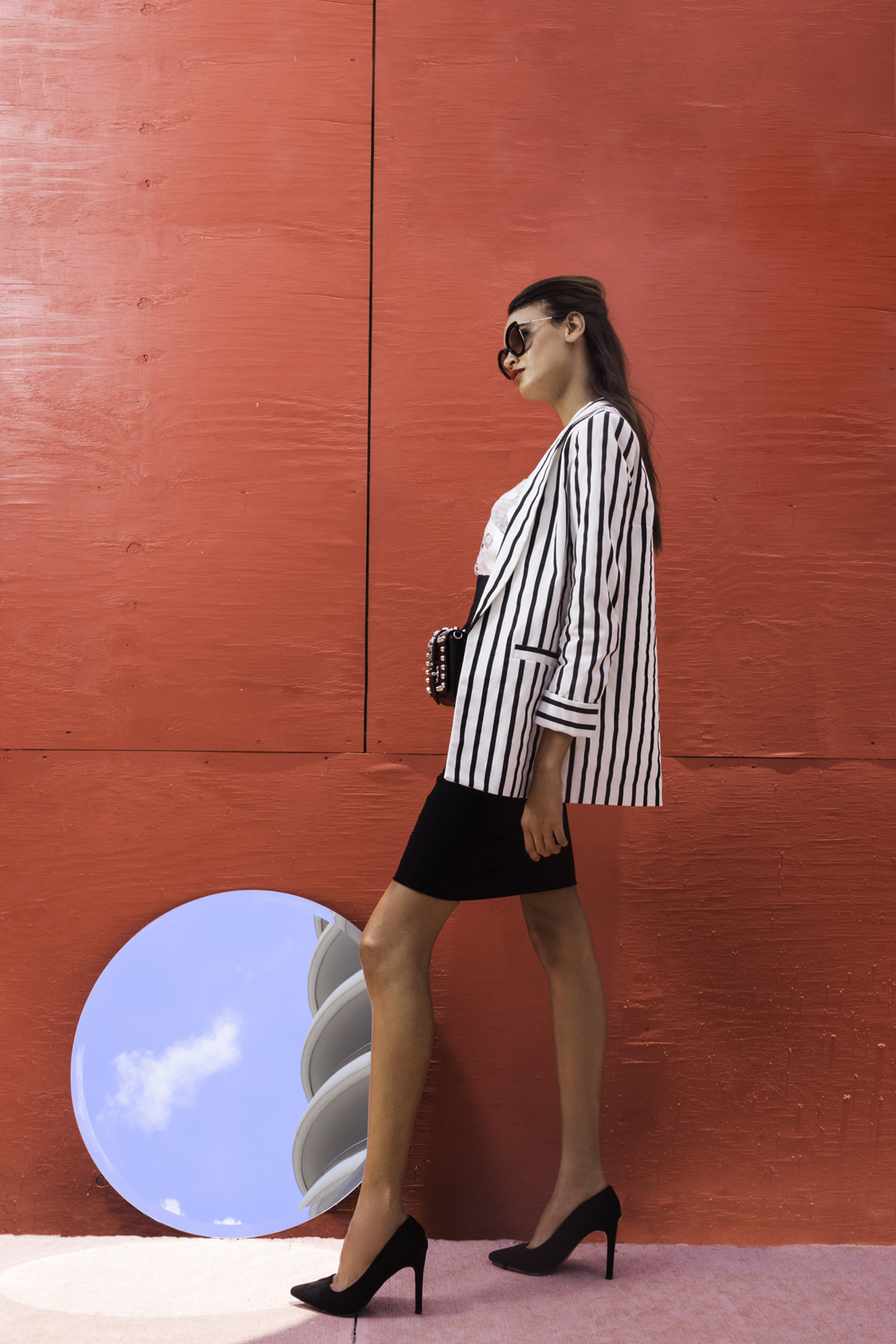 Sunglasses, Tom Ford, Belt Bag, Prada, Heels, Manolo Blanik, Top, Emporio Armani, Jacket, Alice + Olivia, Skirt, Akris Punto