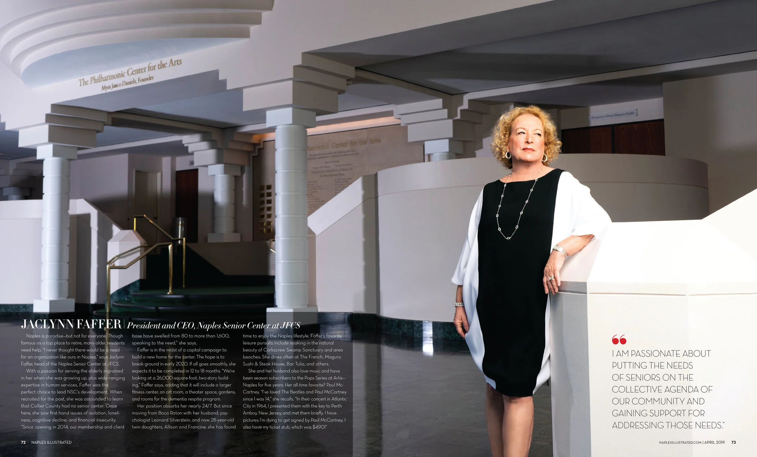 Jaclynn Faffer, President and CEO, Naples Senior Center at JFCS shot on location at Artis Naples. Photography by Vanessa Rogers Photography. Art Direction by Loretta Grantham. Hair and Makeup by Philip Douglas & Co.