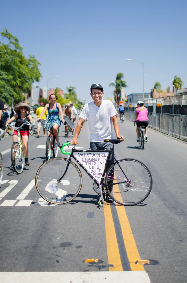 Vince, a San Diego cyclist, has a message for civic leaders to promote more bike- and pedestrian-friendly events like CicloSDias. San Diego, 2013