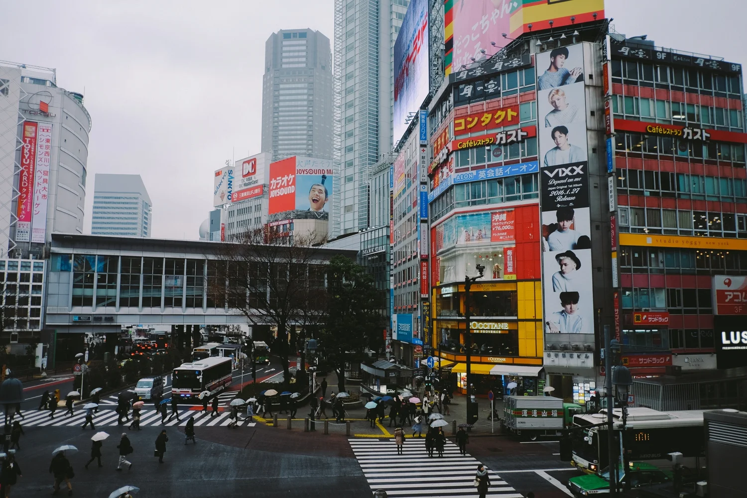 Shibuya Crossing as seen from Starbucks (girl needs her coffee) on our rainy first day. 