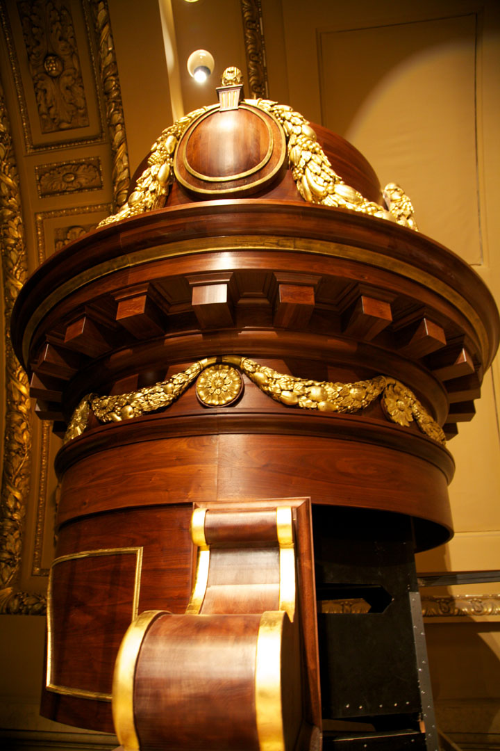  Detail of tower spire with gilded hand carved walnut adornments. 