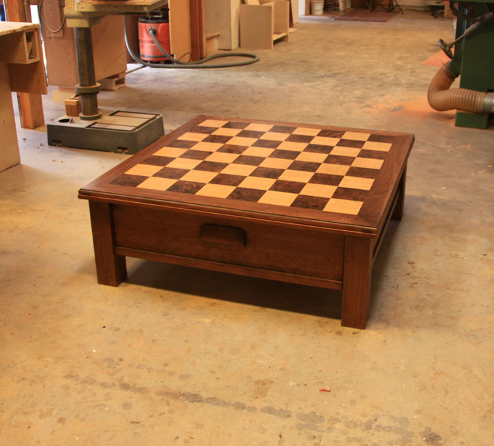  Reversible top chess table with Oak and walnut veneers. Designed by Michael Wunderle. 