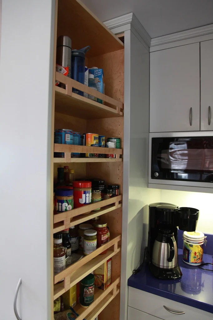 Pull-out pantries with 450lb. load capacity. We always use high quality, durable hardware in our kitchens. 