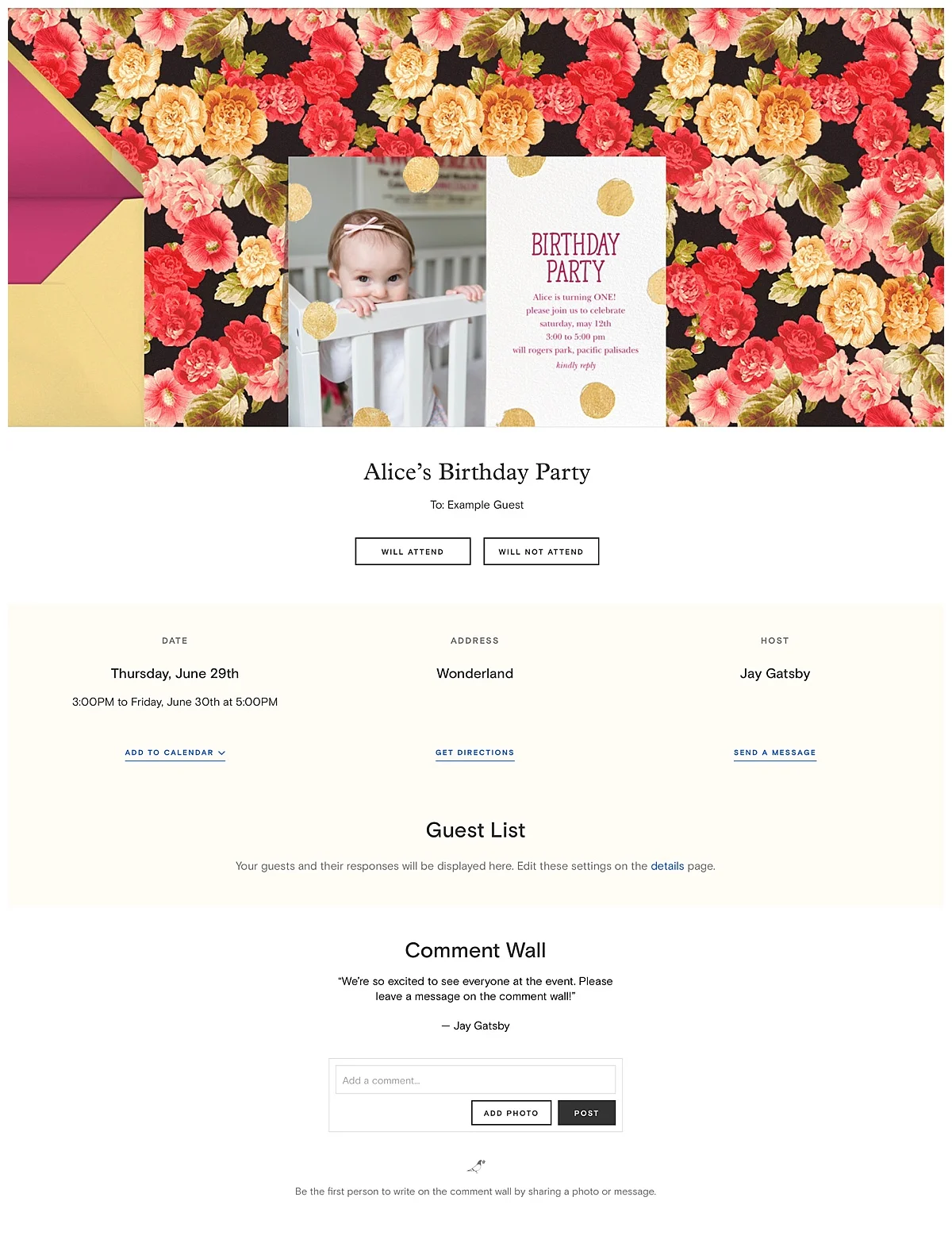  This is the final page... what your guests will see once they "open the card". I love that they can leave comments or ask questions. I also love that everything is in one place - guest list, rsvp list, directions, registry's, and comments. So simple