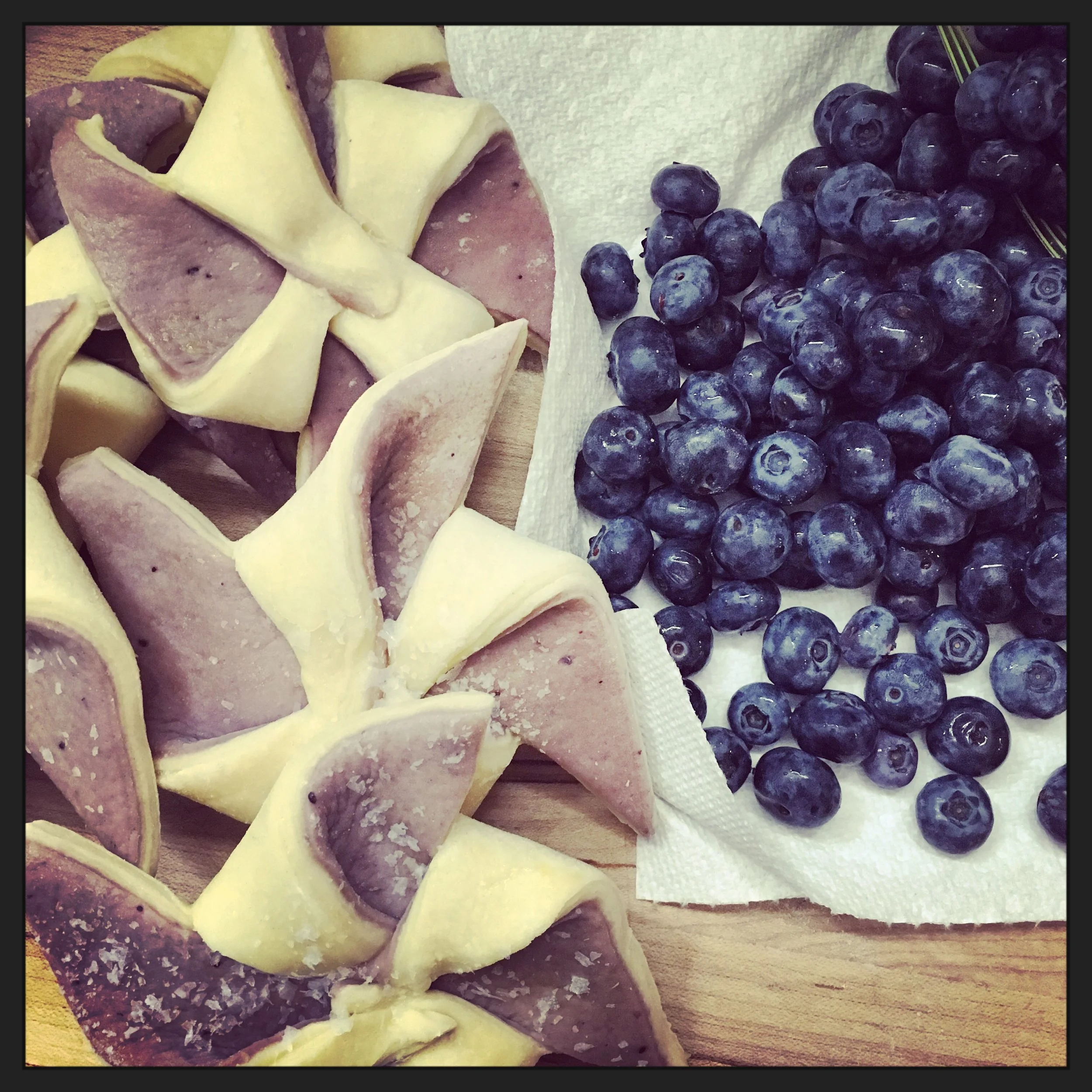Blueberries are once again the feature this week in croissants going to farmers' markets this week, including the beautiful bi-color pinwheel croissants colored by blueberry jam! Come find one this week!