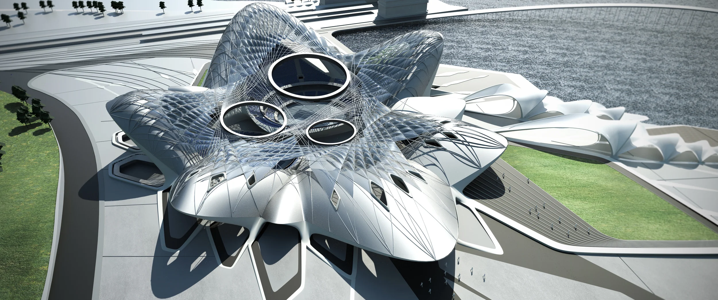 The tennis stadia is located at the south tip of the overall cultural park site. The main entry is located to the north where majority of the traffic is expected. West of the main entry, the ground system stretches towards the waterfront from the internal cafe.