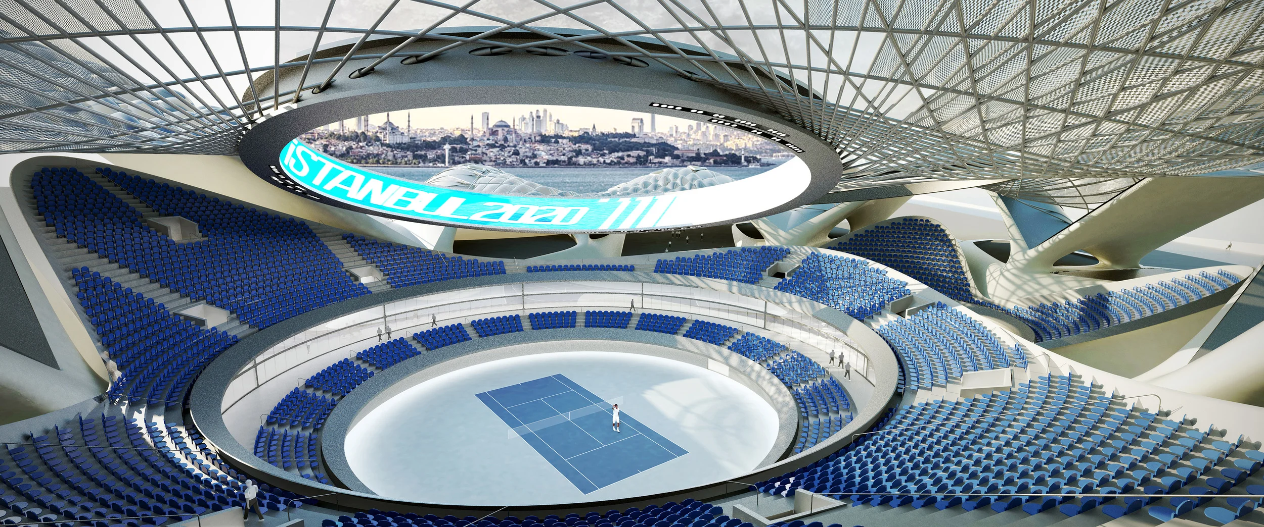 From certain vantage points in the seating area, the tension rings frame views out to the city and the water, establishing a connection between the interior and the exterior. Given the location of the site, views towards Bosphorus reinforces the urban significance of water in Istanbul.