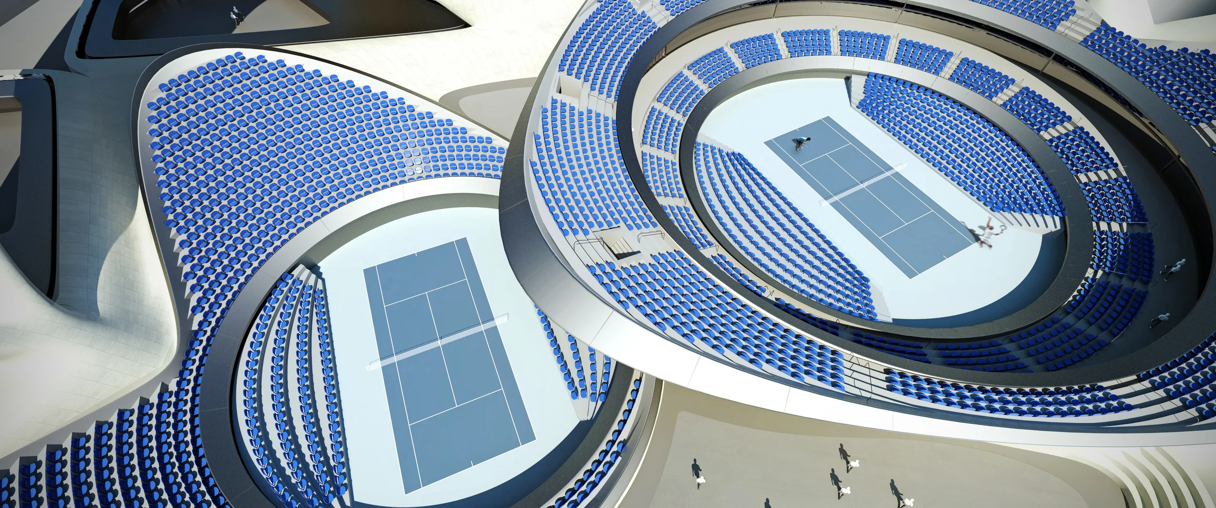 In plan view, the two largest internal tension rings correspond to the two olympic tennis courts below. One of these courts holds the main event, while the other court hosts secondary events. The third tension ring in the roof marks the main public space located at the entry. One can access both courts as well as other closed practice spaces from the public gathering plaza. The public cafe, located under one of the perimeter shells, has viewstowards this main public space as well as towards building’s waterfront extension.