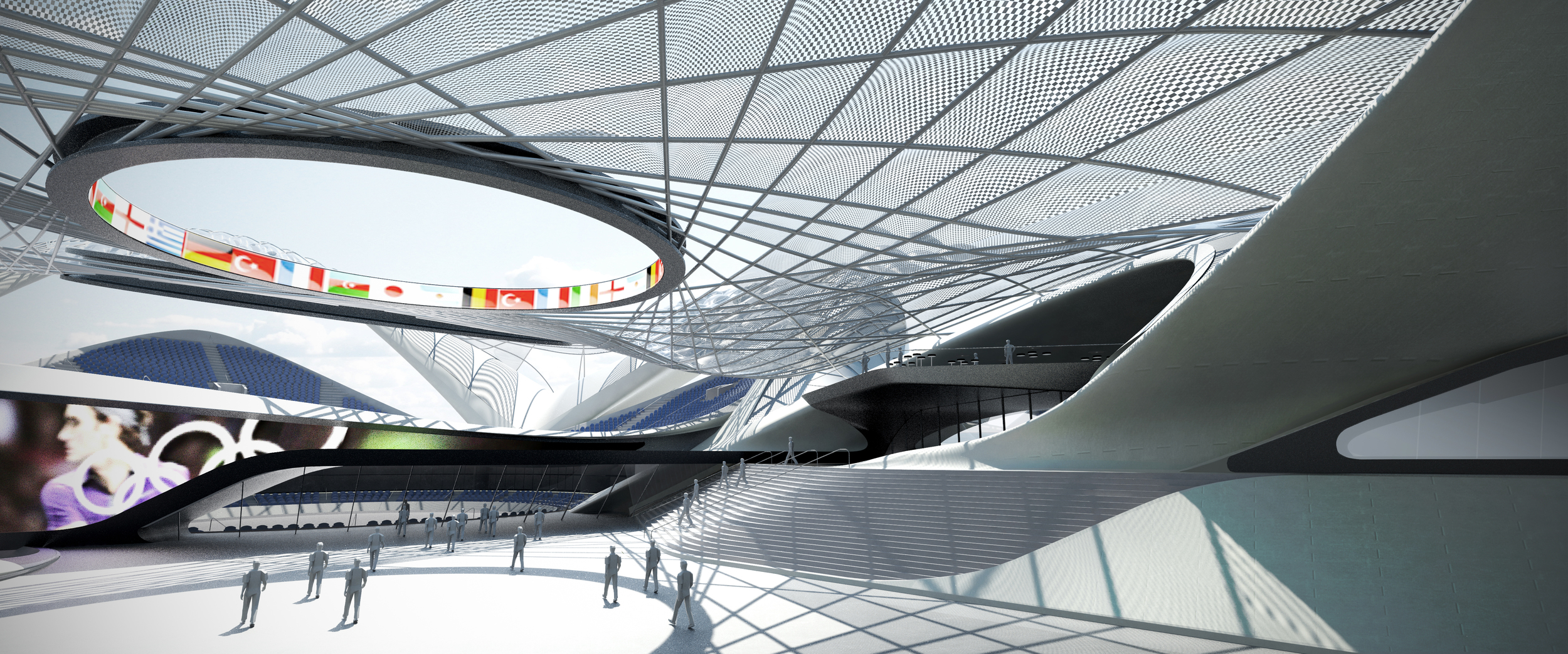  A roof panelling system is utilised to blur the transition between the shells and tensile members, while providing shelter for the programmed seating below. The vaulted shape of the transparent  ETFE panels provide structural rigidity while adding a