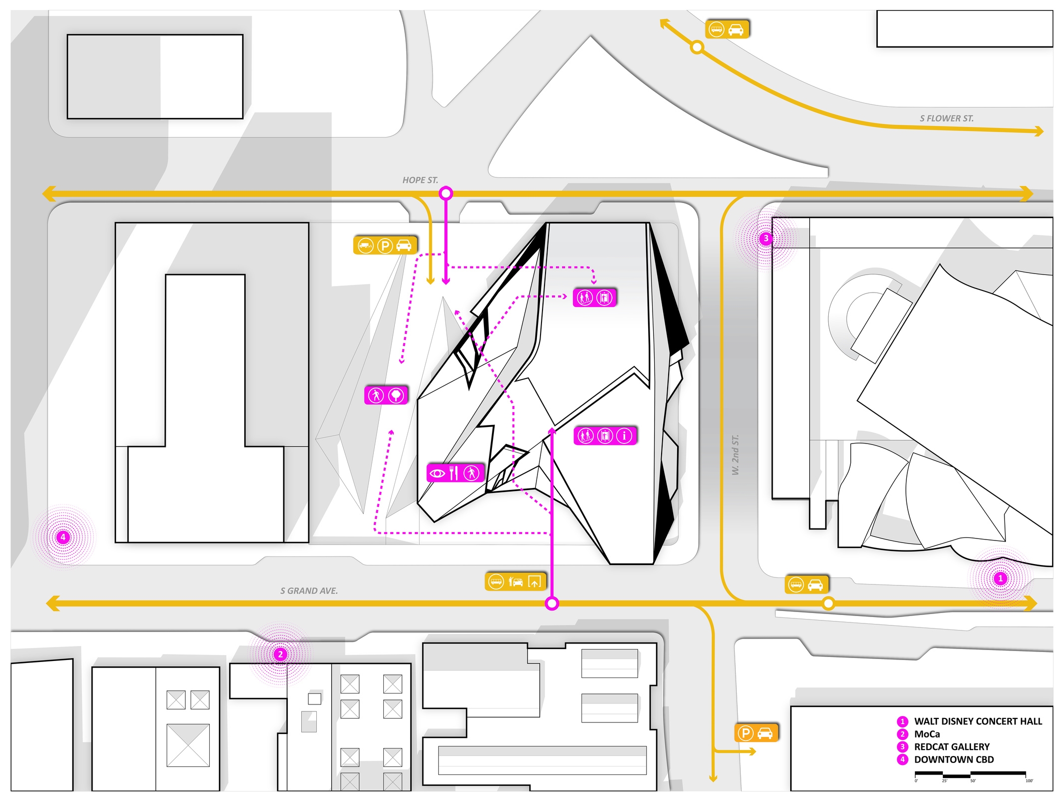 On site, the project pulls the public in from Grand Avenue onto a new ground plane. This public zone allows for visual connection through the site onto Hope Street. The building form becomes orthogonal on its eastern elevation facing the book-end structure of adjacent Walt Disney Concert Hall. Programmatically building holds a semi-public art storage connected with office space, a main exhibition hall and public cafe formalised as the three internal figures connected through the public plaza / lobby.