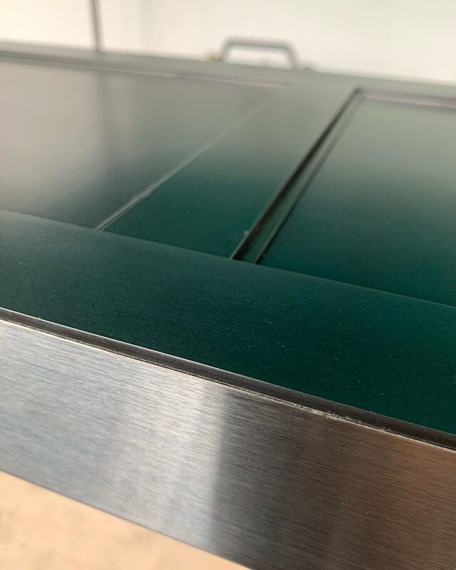 A couple detail &amp; progress shots of an 8 foot long oven range hood we made. 
Playing with various patina&rsquo;s and finishes on zinc, steel and stainless