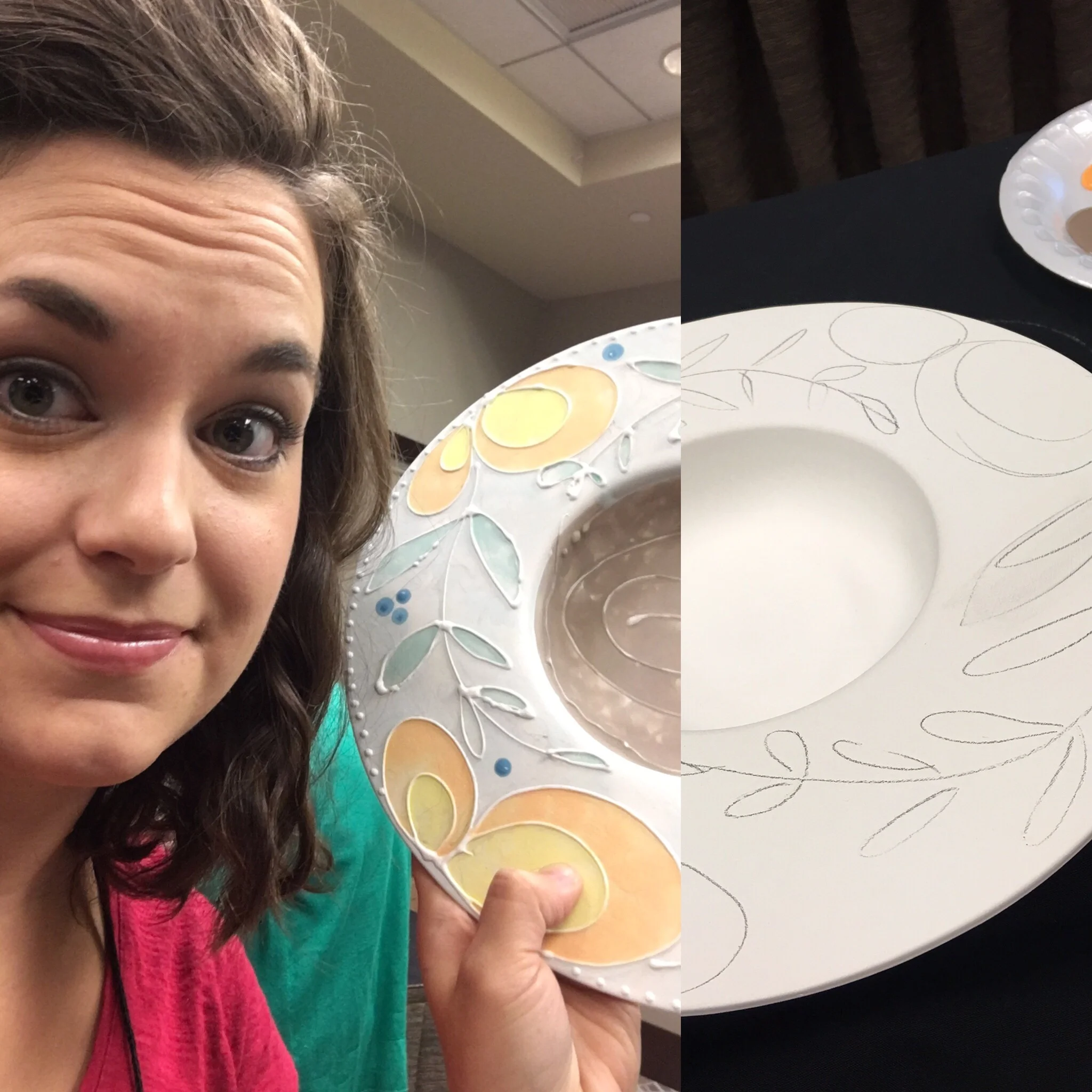 Watercolor techniques with puff paint on bisque. 