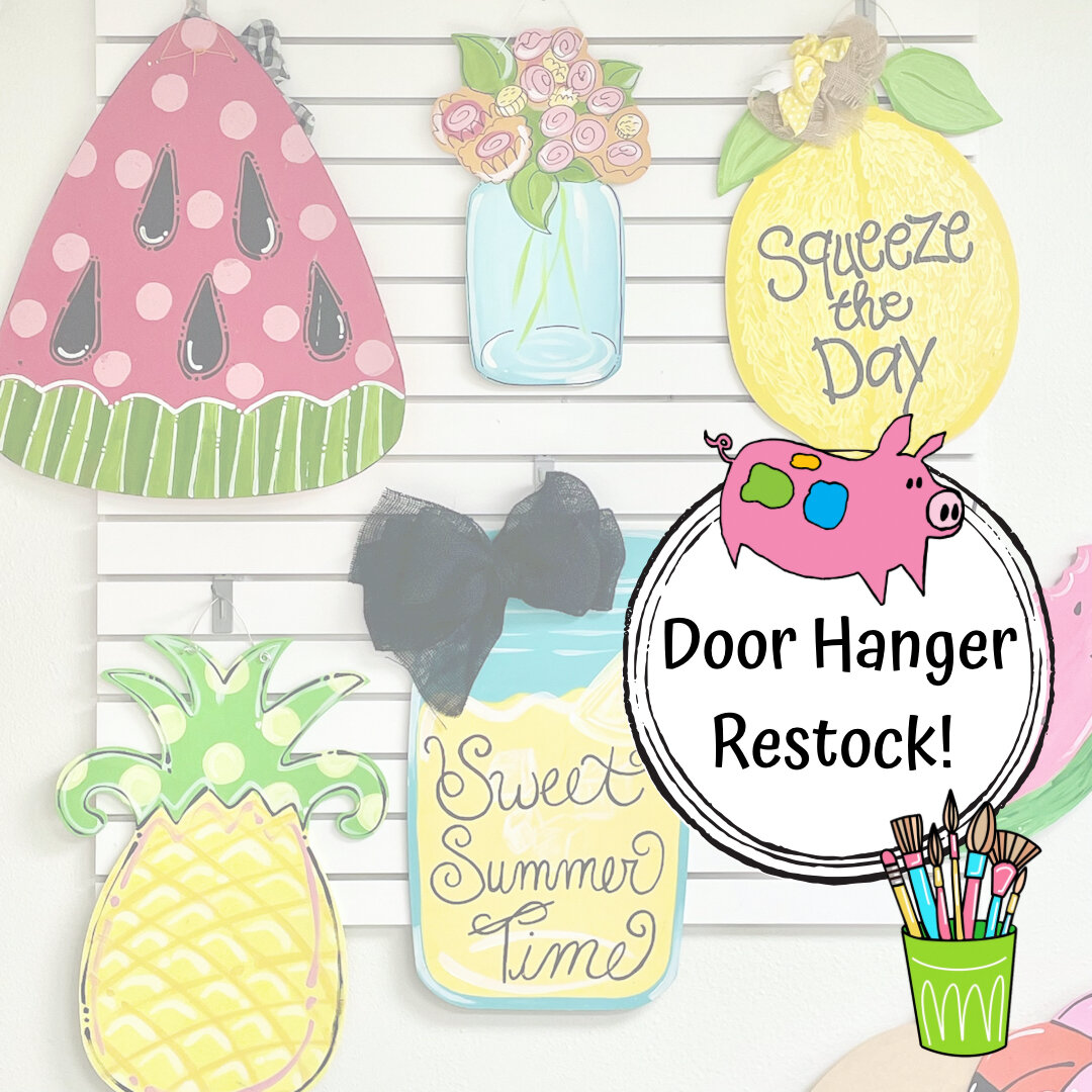 We have restocked our door hangers just in time for summer! There are many different shapes and sizes plus you can take this project home the same day you paint😉