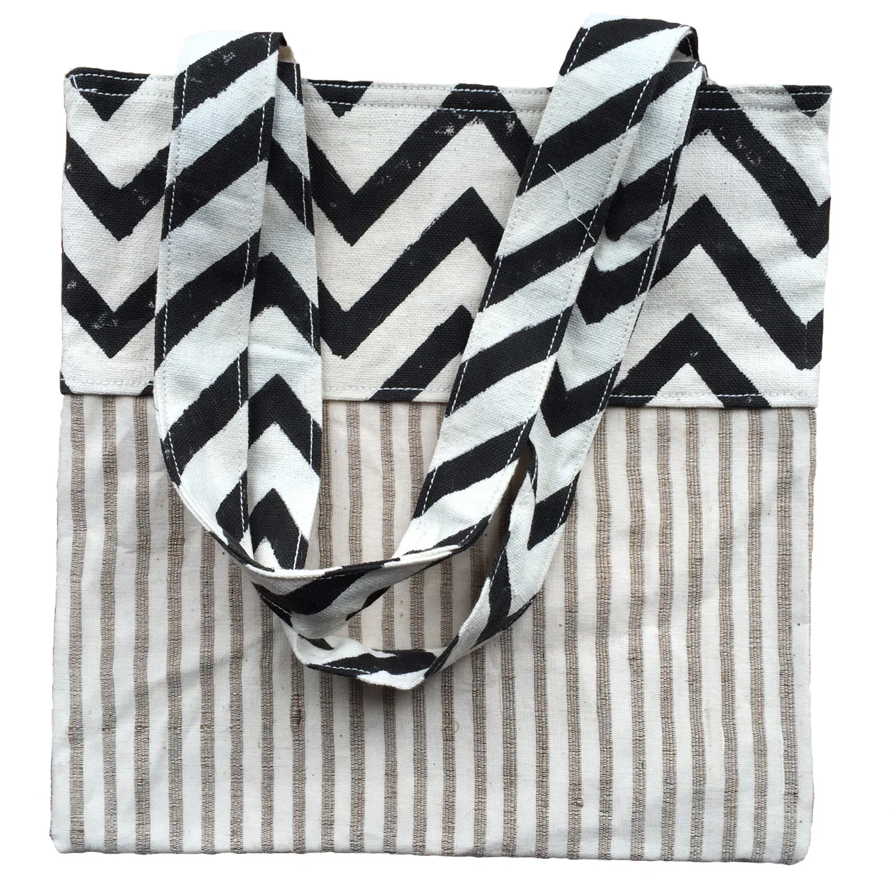 Organic cotton khadi tote, black zigzag, BG-KHADI-01-BLK