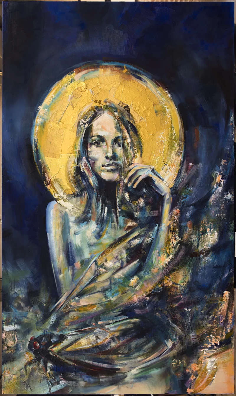 Cecelia, Cicada Framed Oil, collage and candy wrappers on canvas, 36” x 60” $5750