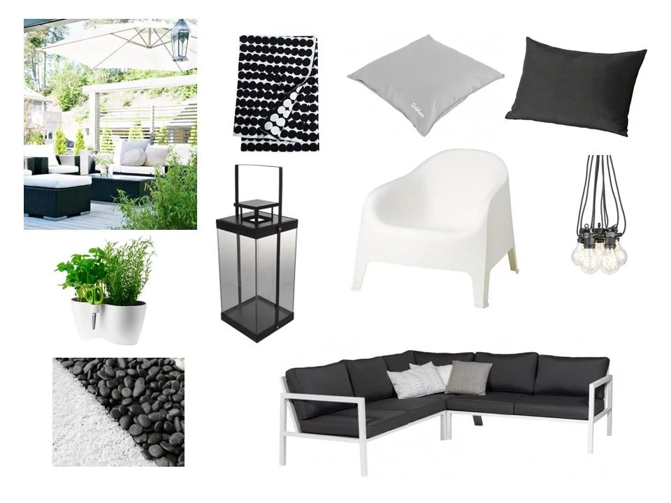Mustavalkoisen terassin fiilistä: Belfort kulmasohva/Vepsäläinen, Skarpo nojatuoli/Ikea, valkoinen tekonurmimatto Coral/Saltex, LED-valoketju/Clas Ohlson, yrttiruukku/Biltema, Cello lyhty/K-Rauta, Marimekko Räsymatto viltti/Room21, Hållö tyyny/Ikea, St. Tropez tyyny ulkokäyttöön/ Bauhaus